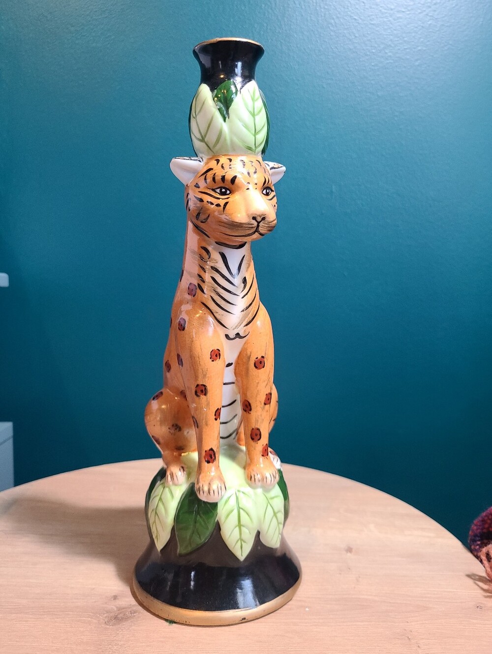 Vintage 90s CBK Ltd. Ceramic Sitting Leopard Cheetah Figurine Candle Holder